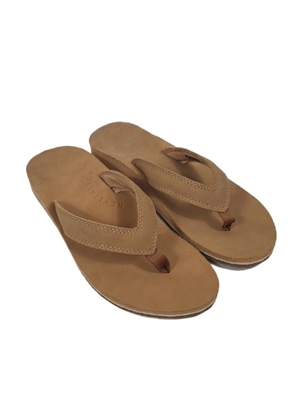 NIB Revitalign Waco Seaside Spenco Tan Leather Orthotic Flip Flops Sandal 6